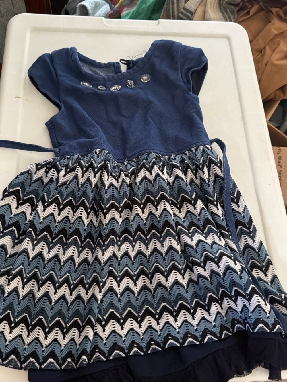 Youngland Blue Chevron Knit Dress with Jewel Accents